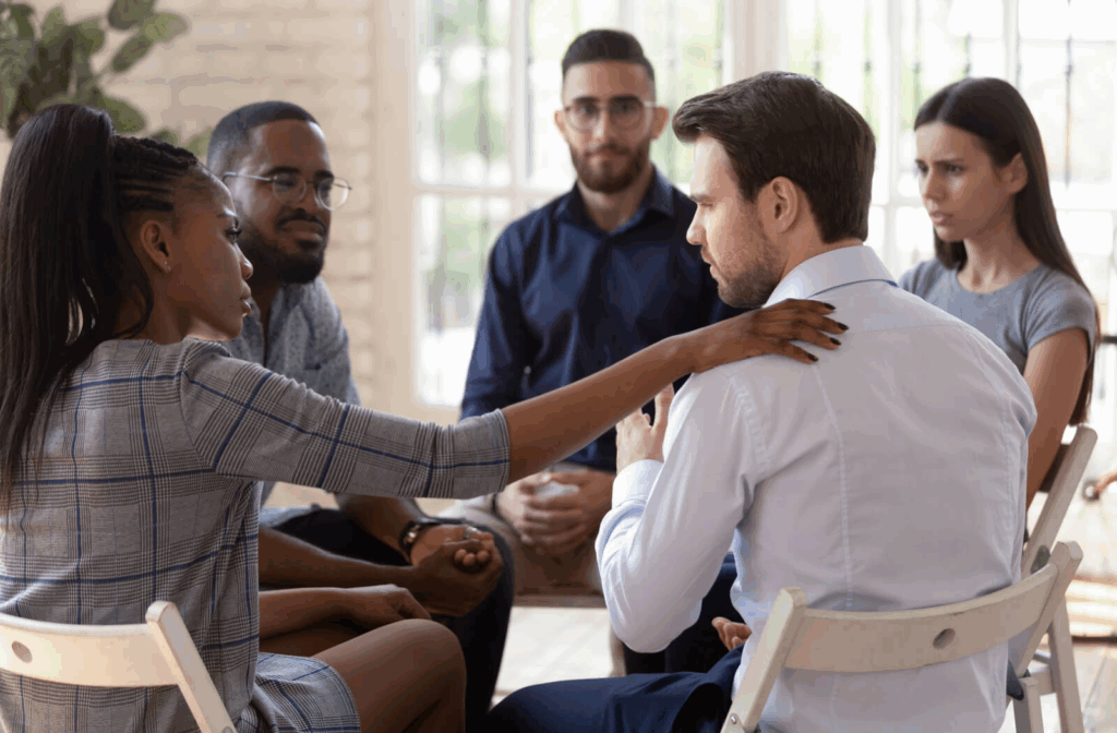A person in rehab touches someone's shoulder to reassure them while sharing a story