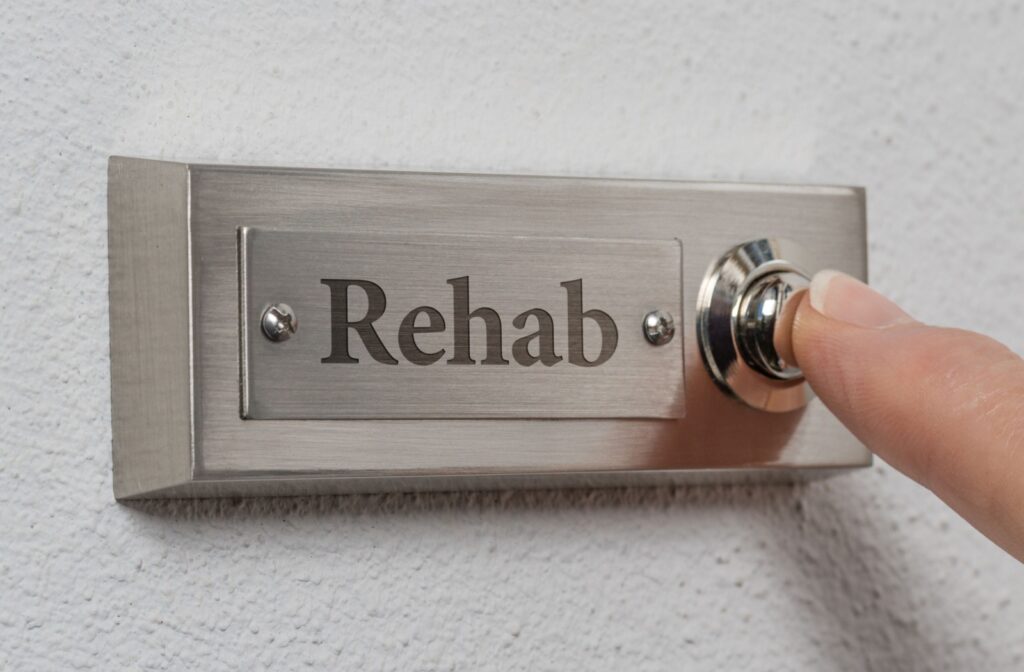 A finger presses a stainless steel doorbell labeled "Rehab" on a textured white wall.