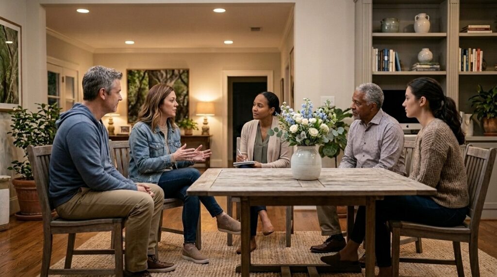 A person expresses their feelings and needs to a group of loved ones, symbolizing hope and healing from PTSD and addiction recovery.