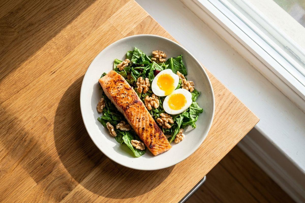 Salmon fillet, halved soft-boiled egg, walnuts, and greens in a bowl on a wooden table by a window.