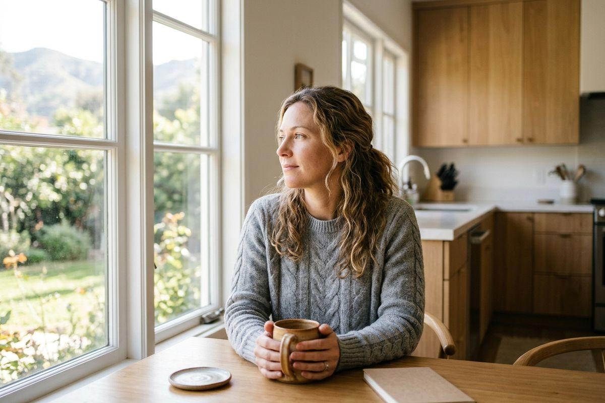 Person in gray sweater holding a mug at a kitchen table, gazing out a window at a garden and hills.