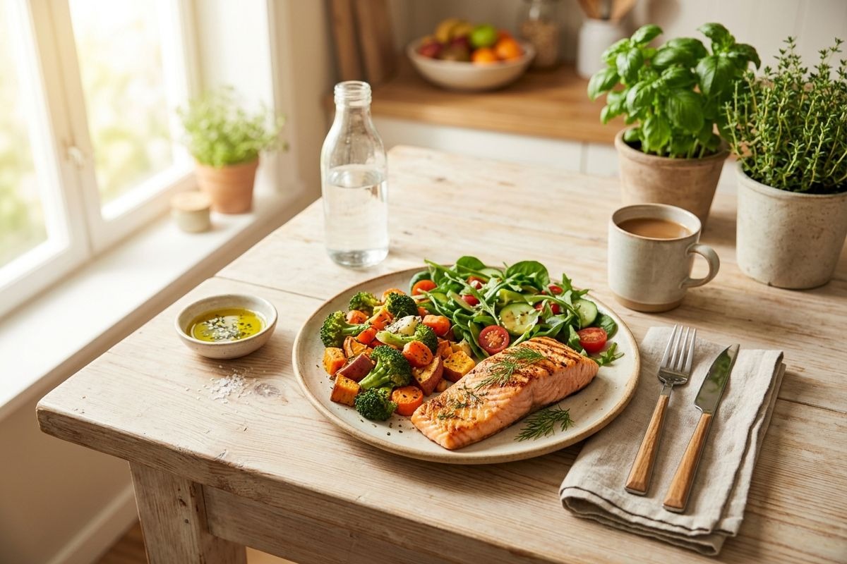 A nourishing plate of grilled salmon, roasted vegetables, and salad on a wooden table with a water bottle, coffee, cutlery, and potted herbs.