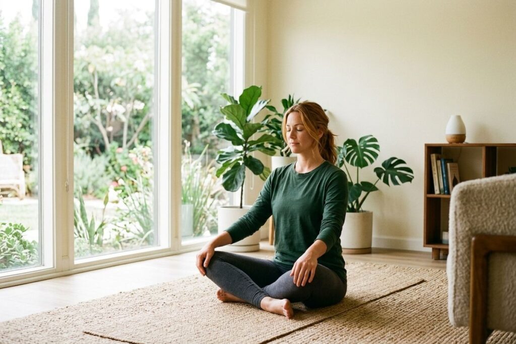 Person meditating cross-legged with eyes closed on a woven rug by large windows, surrounded by houseplants.