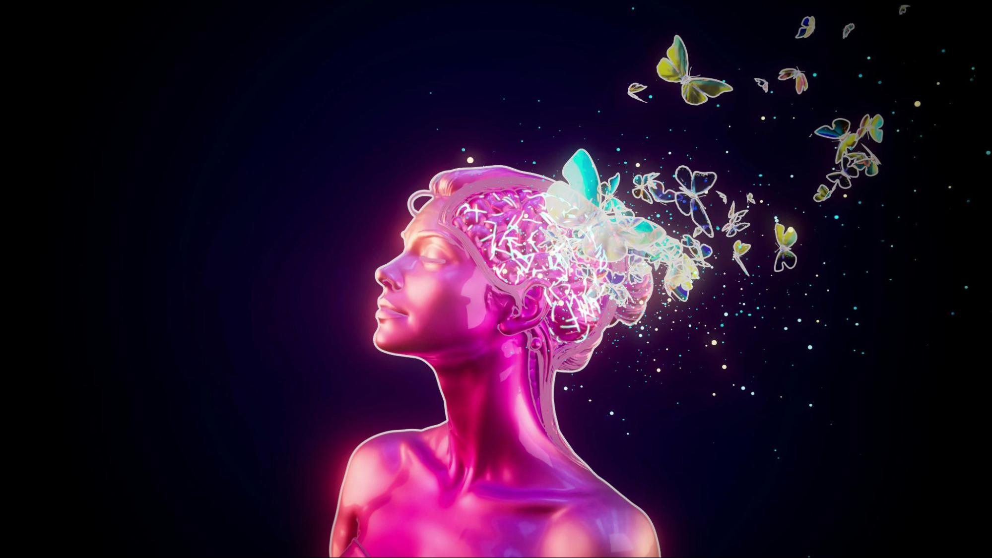 3D illustration of a happy sober minded woman with butterflies coming out of her visible brain.