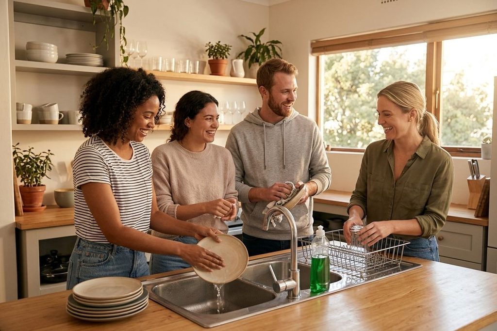 Four adults laugh while washing and drying dishes together at a kitchen sink, one rinsing a plate, another drying with a towel, a third holding a glass.
