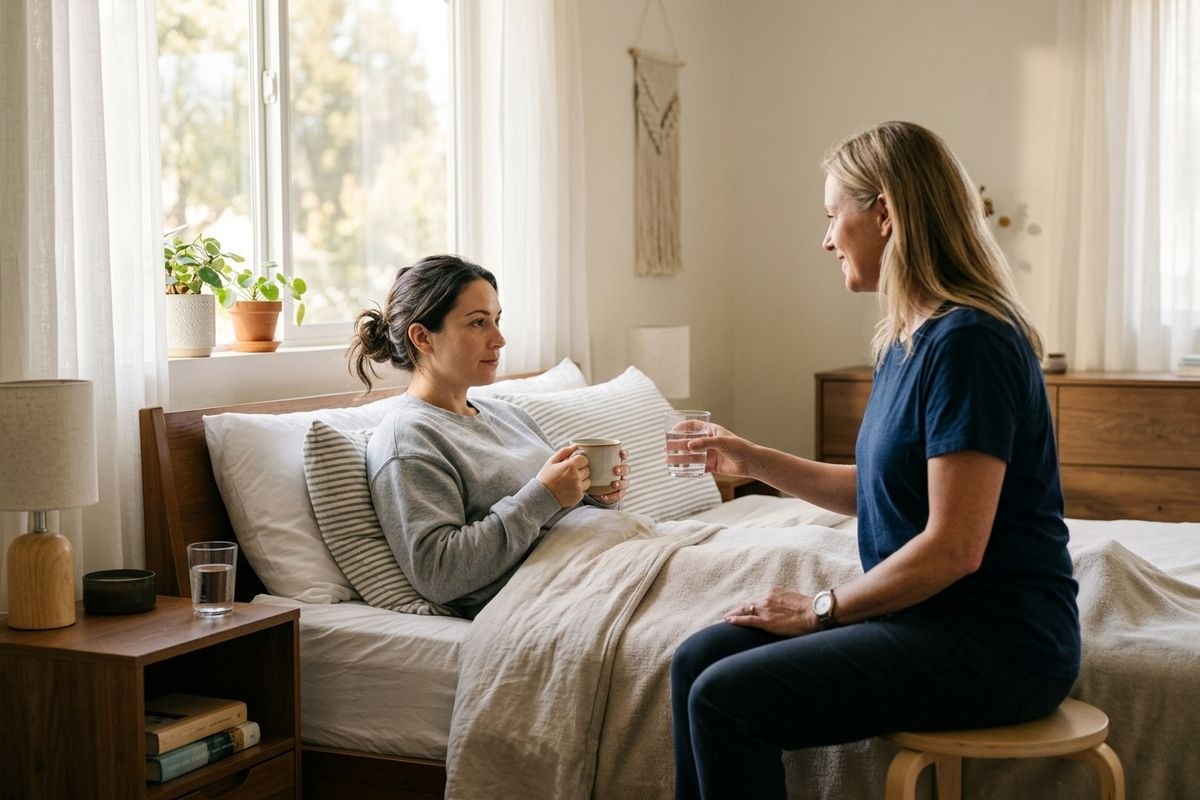 Adult resting in bed holds a mug while a smiling adult seated on a stool beside the bed offers a glass of water in a sunlit bedroom.